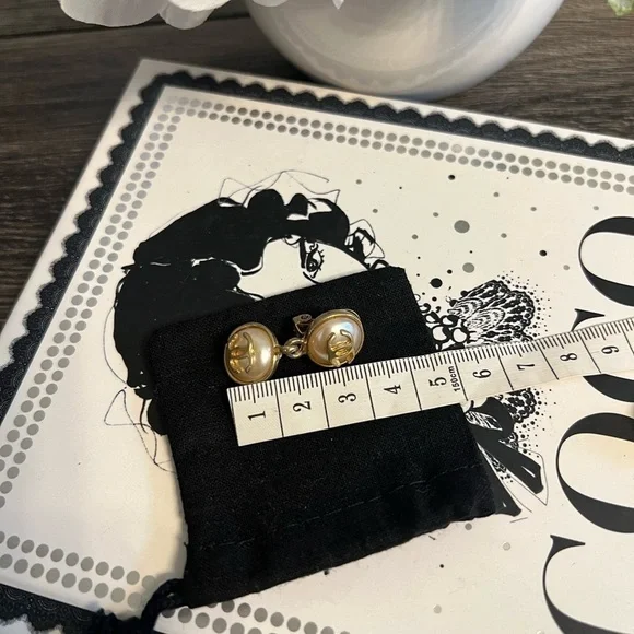 Chanel Vintage Gold CC Logo Faux Pearl Dangle Clip On Earrings